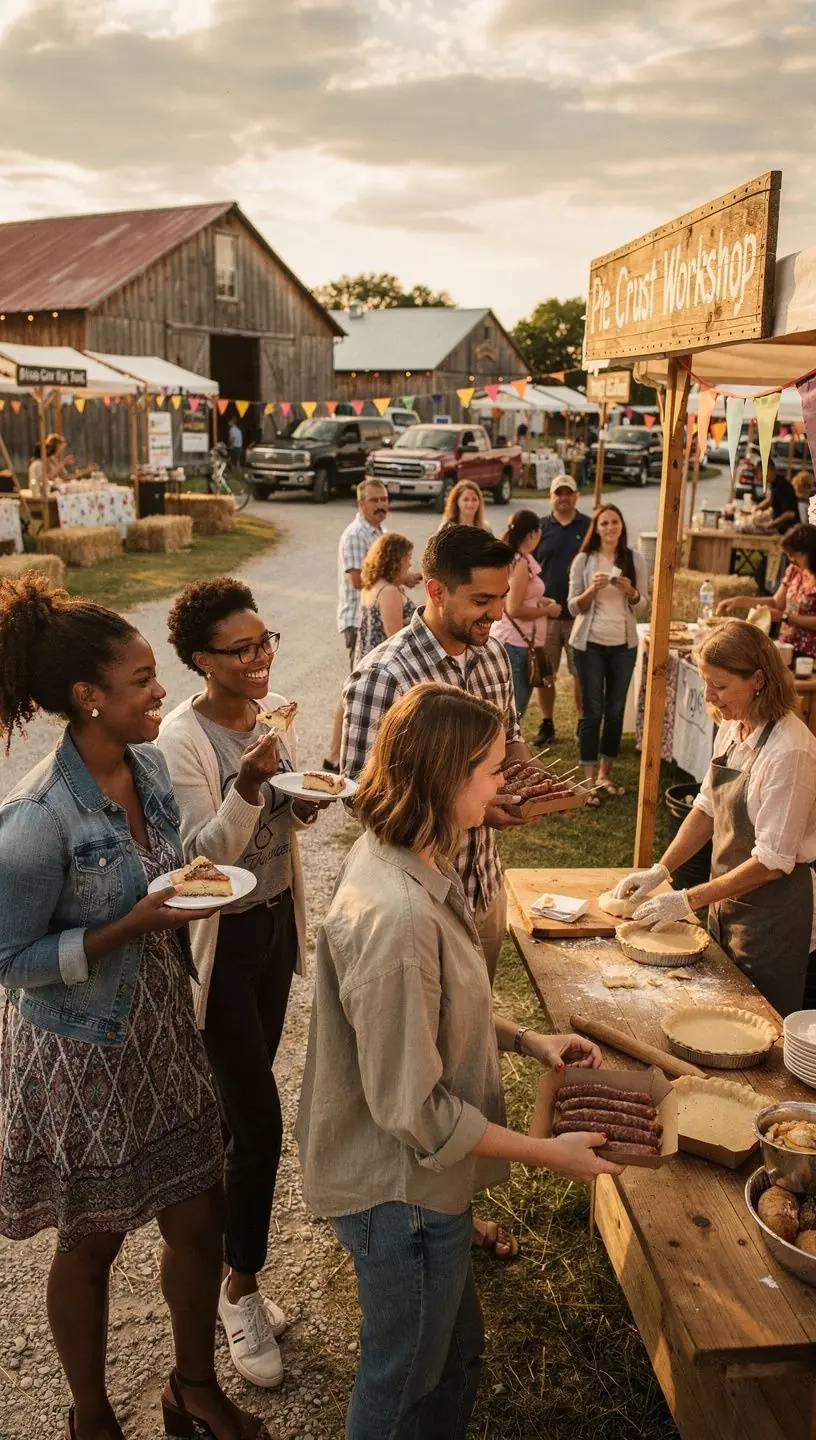 Widok na ruchliwy targ z różnorodnymi stoiskami i sprzedawcami.